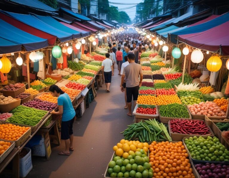 ภาพตลาดท้องถิ่นในประเทศไทย ครบวงจร ผลไม้สดสดสีสัน, เครื่องสำอางแปลกใหม่, งานฝีมือดีเยี่ยม.