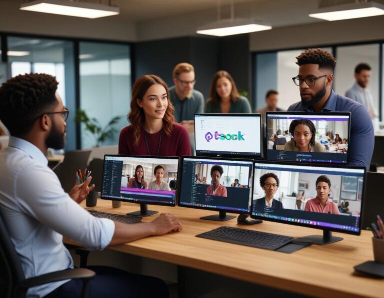 ภาพที่แสดงฉากออฟฟิศในอนาคต ปี 2024 ที่มีการใช้ Slack โดดเด่นในการสื่อสารและการทำงานอย่างมีประสิทธิภาพ