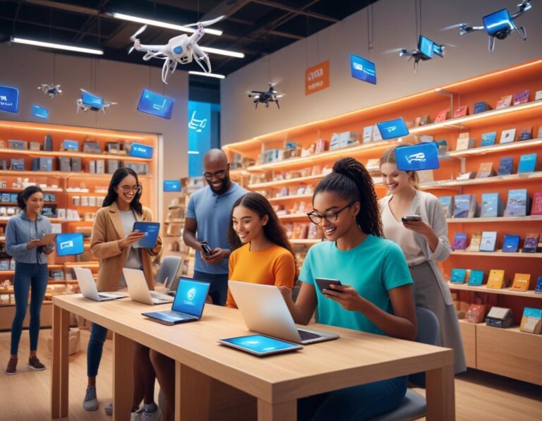 ภาพร้านค้าในโลกอนาคตในปี 2024 ที่ฉลองเทคโนโลยีขั้นสูงและเสมือนจริงในการช้อปปิ้งออนไลน์์
